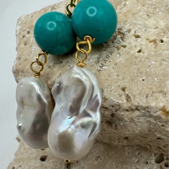 Turquoise & Keshi Baroque Pearl Dangles - Picture 5 of 9